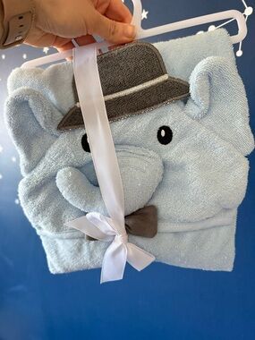 NWT Baby Elephant Hooded Towel - Light Blue Plush Hood